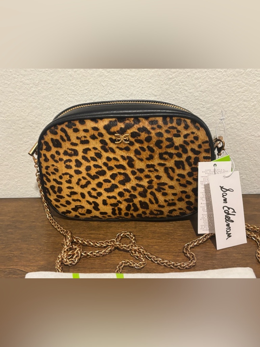 Sam Edelman Leopard Spot Calf Hair Crossbody in Brown and Black with Gold Chain - Picture 3 of 12
